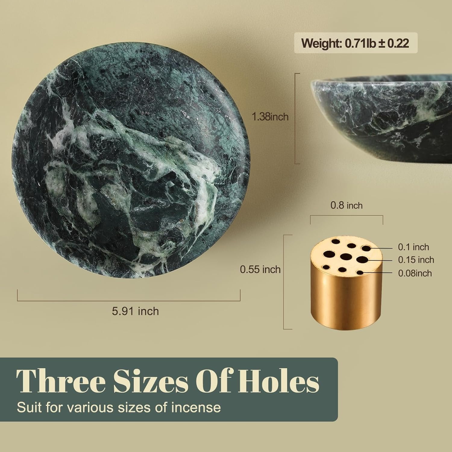 Natural Marble Incense Holder, Incense Holder for Sticks with 9 Holes, Handmade Incense Burner Ash Catcher for Meditation Yoga SPA, Balsam Fir/Palo Santo/Sage/Cone (Green)
