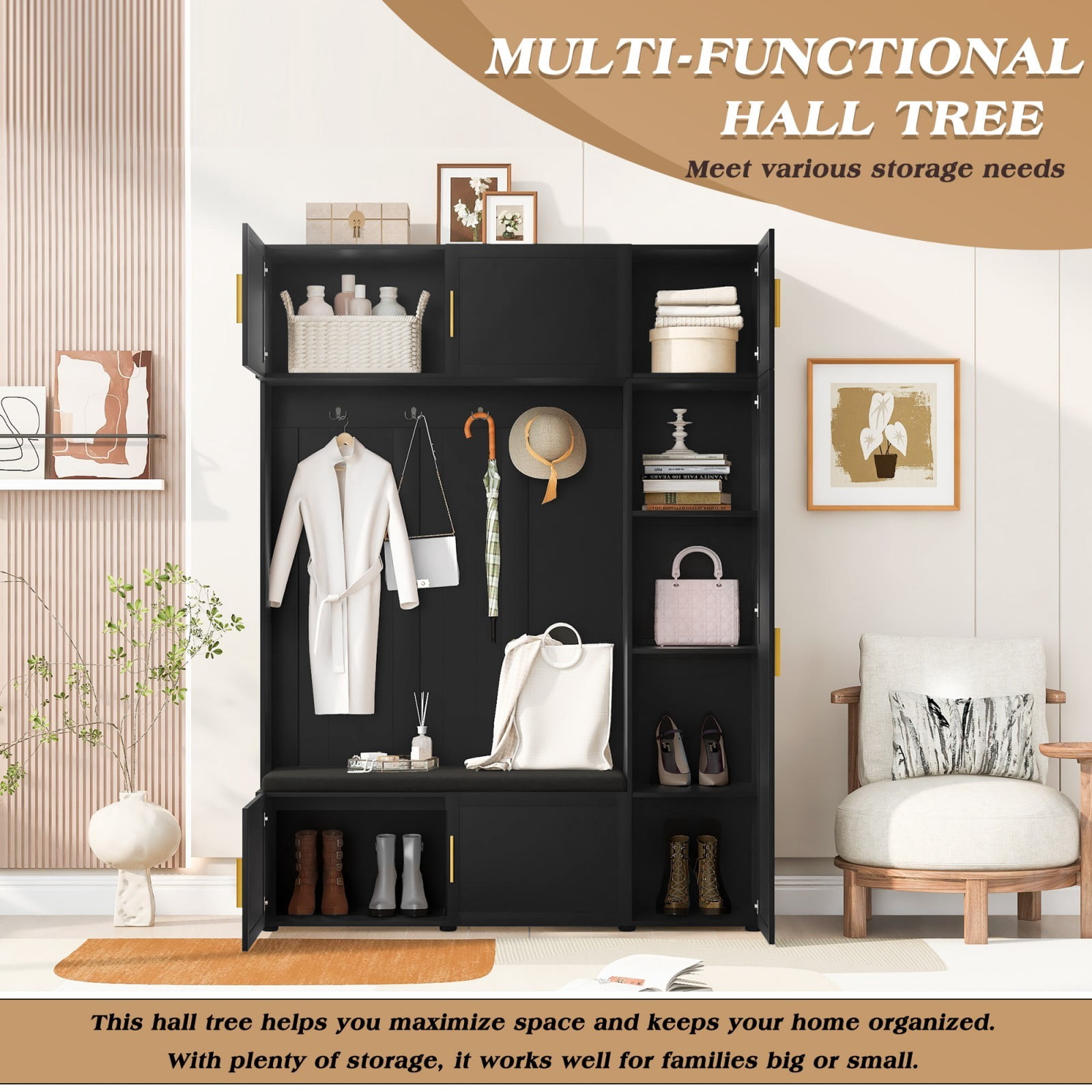 59" W 4-in-1 Entryway Hall Tree with Padded Bench, Coat Rack with 4 Hooks, Shoe Storage Bench & Multi-Tier Shelves, Mudroom Organizer for Hallway Living Room, Antique Black