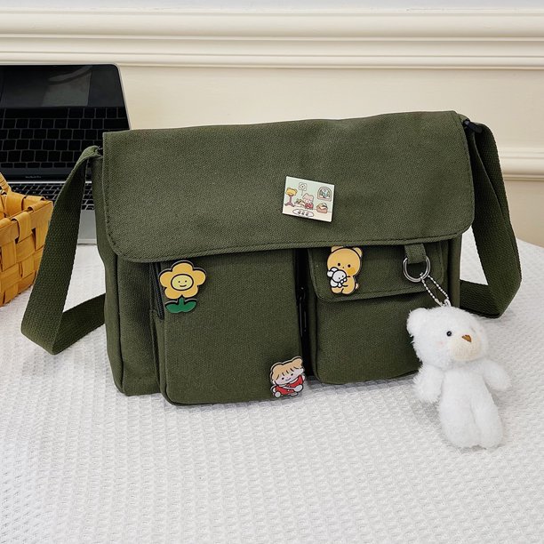 Bolso bandolera para mujer Bolso de mensajero grande de lona japonesa (colgante de oso blanco)