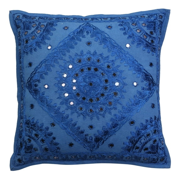 Stylo Culture Ethnic Settee Sofa Throw Pillow Cover 16x16 Hand Embroidered Blue Boho 40cm x 40cm Home Decor Accent Pillowcase Cotton Mirrored Square Cushion Cover | 1 Pc