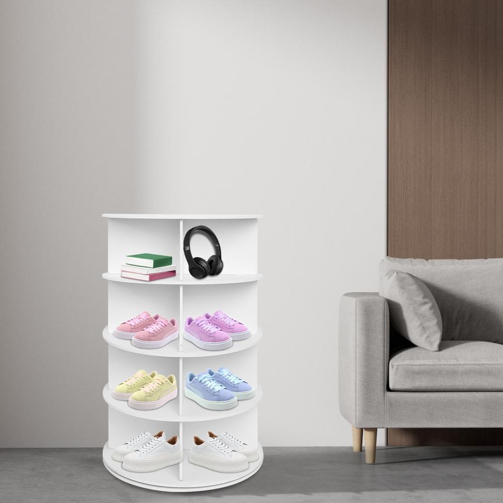 Mulaxen Shoe Rotating Organizer 4-Tier Vertical Rotating Shoe Storage Shelf Shoe Organizer Tower Shoe Carousel Round Shoe Rack for Closet Entryway Corner Garage physical