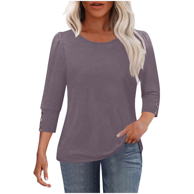 Lenpel Hauts à Manches 3/4 pour Femmes Mode Couleur Unie Col Rond T-Shirts Amples Tunique Décontractée Blouses