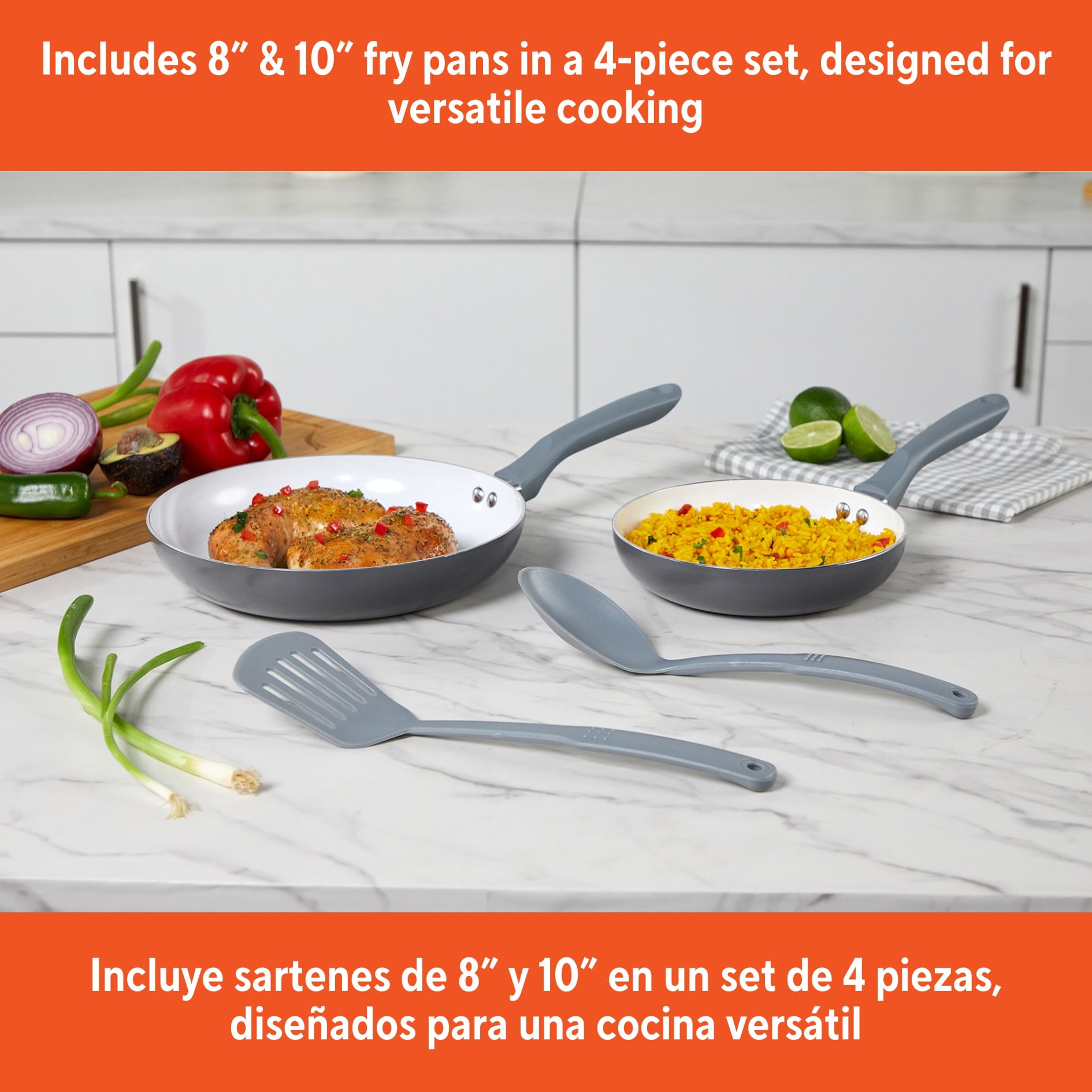 IMUSA Nonstick Ceramic Cookware Set 4-Pieces, 8" and 10" Inches, with Stay-Cool Handles, Aluminum, Gray