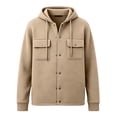 thumbnail image 7 of Generic Men's Hooded Snap Button Sweatshirt Jacket, Long Sleeve Casual Shacket With Flap Chest Pockets, Ribbed Cuffs Hem Drawstring Hood Fleece Outerwear Khaki,XL, 7 of 7