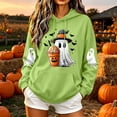 thumbnail image 2 of Women Drop Shoulder Spooky Season Hoodie Drawstring Kangaroo Pocket Fall Halloween Pullover Witch Hat Cute Ghost Pumpkin Spice Drink Bat Front Print Sweatshirt, 2 of 6