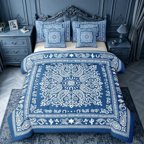 jejeloiu Nautical Vintage Floral 7pcs Queen Bedding For Men Women,Paisley Print Bedding Comforter Set Queen,Blue White,Light Gray Reversible