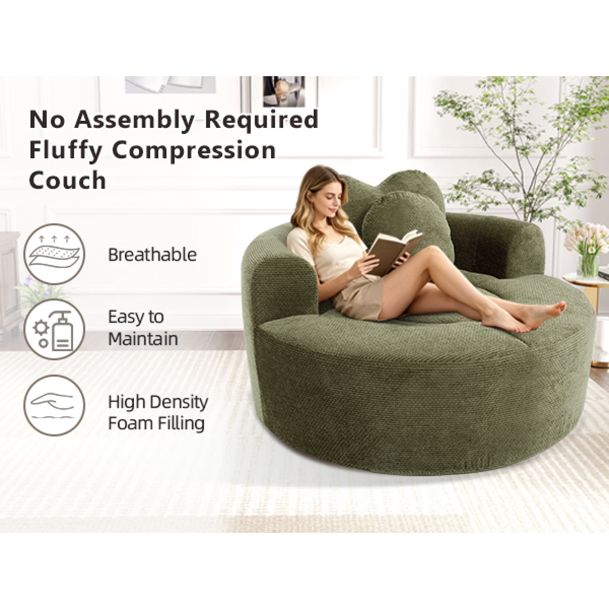 Leumius Oversized Round Chair Lounge Chaise Indoor,Upholstered Round Sofa Bed with Memory Foam,Comfy Cloud Circle Chair with Deep Seat for Living Room Bedroom,No Assembly Required,Green