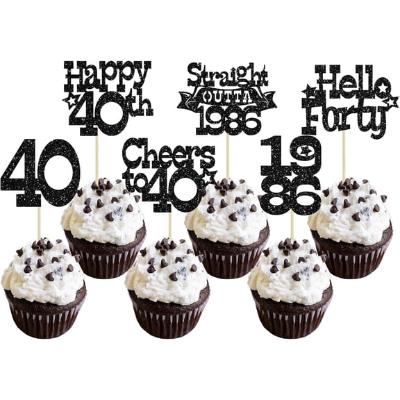 12Pcs Black Glitter 40th Birthday Cupcake Toppers, "Hello 1986, Cheers to 40" Picks for 40th Birthday Party Cake Decorations