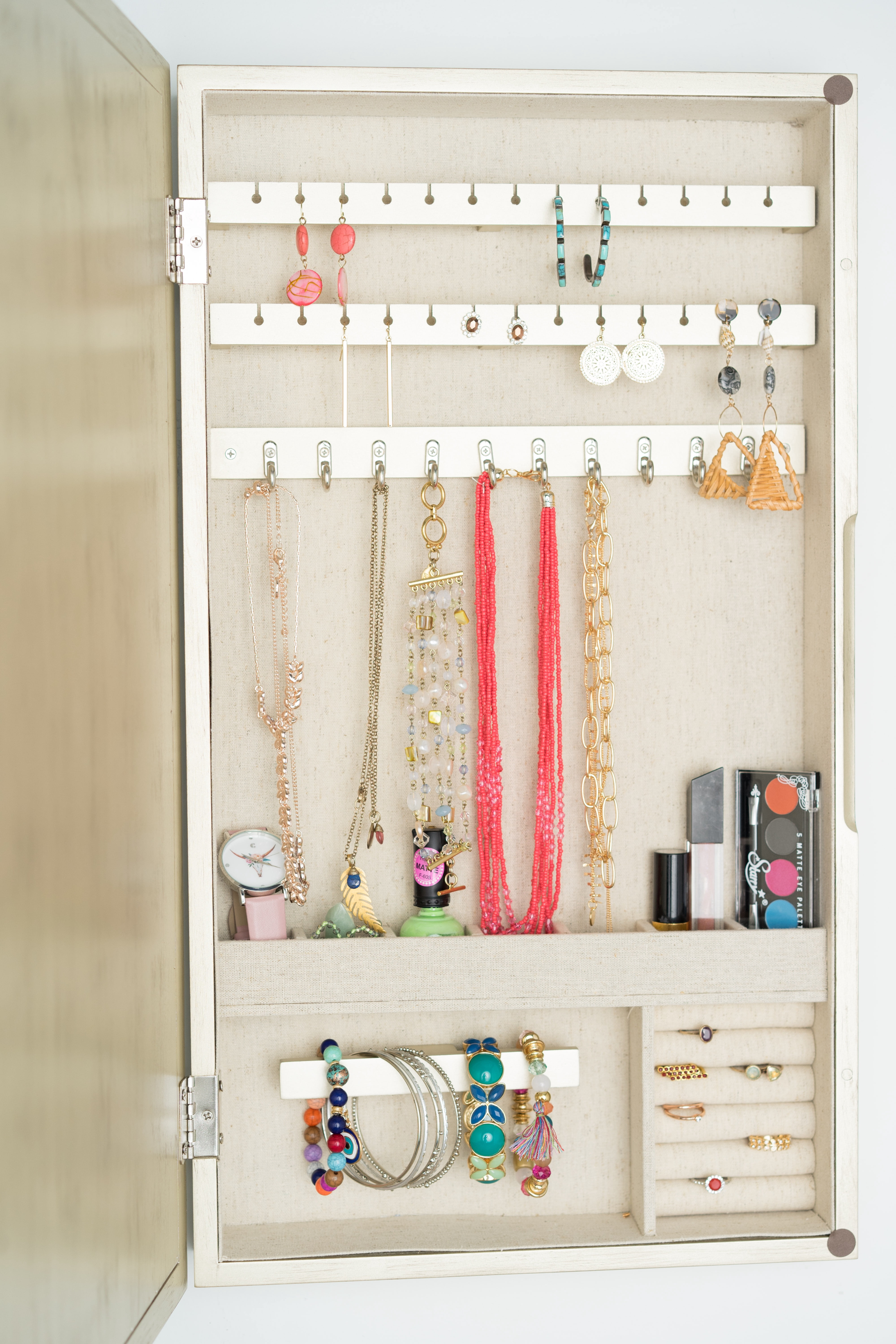 Hives & Honey Nicolette Adult Wall-Mounted Mirrored Jewelry Armoire - Gold, Transitional Style Wood Frame