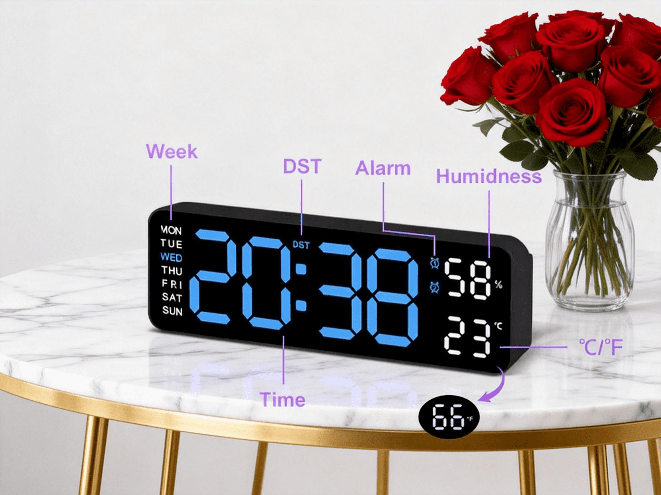 Digital Wall Clock Large LED Display Dual Alarm Temperature Humidity Auto Dimming Big Numbers Desk Clock Calendar Day Date Week Display Plug in Classroom Office Bedroom Living Room Kitchen Wall Mount