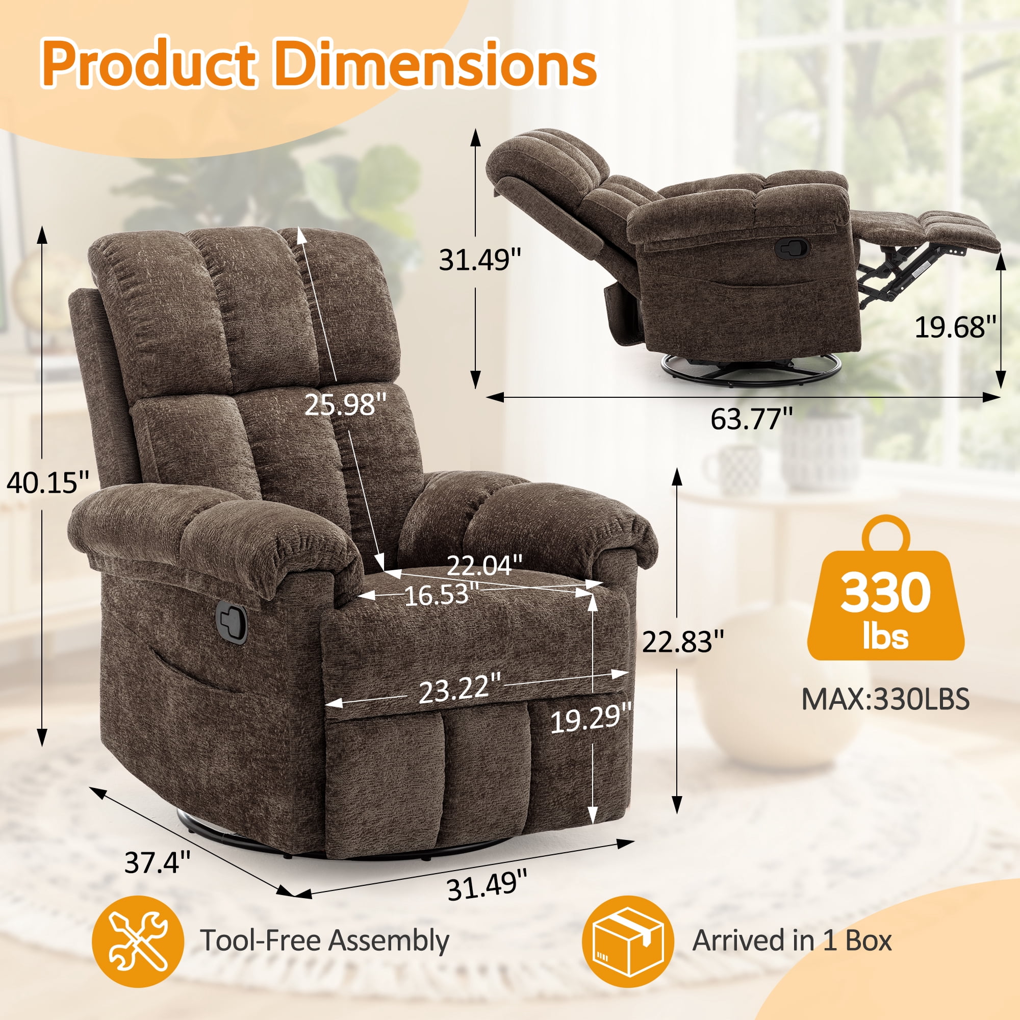 Korser Small Recliners for Small Spaces,Swivel Rocker Recliner Chair with Side Pockets for Living Room,Brown