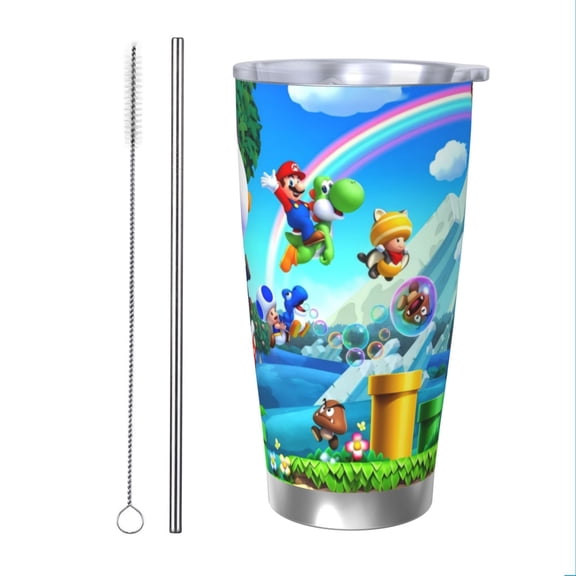 Saiise Mario Print Tumbler 20 Oz Stainless Steel Vacuum Insulated with Straw Coffee Cup for Home,Office,Outdoor Works Great for Ice Drinks and Hot Beverage
