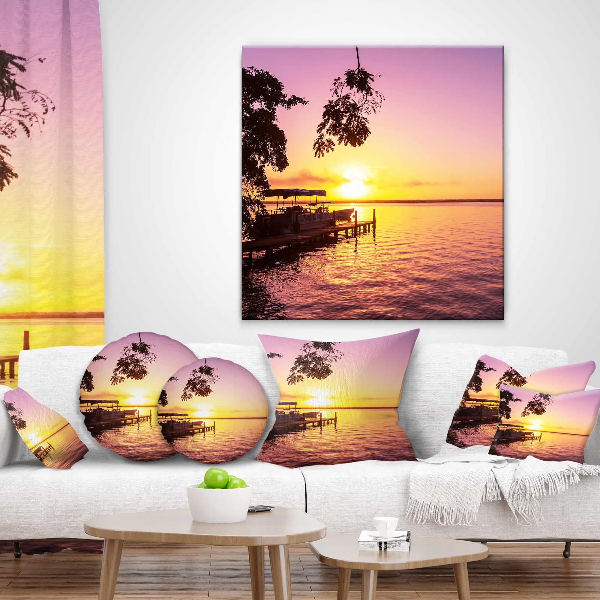 Designart Tropical Beach with Fantastic Sunset - Landscape Printed Throw Pillow - 16x16