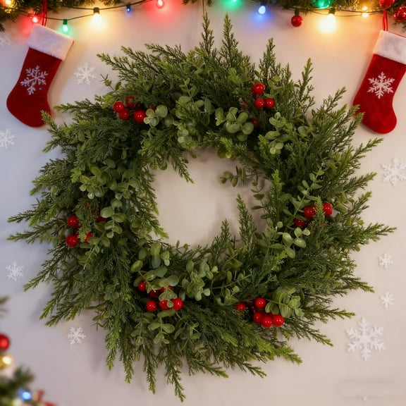 FastXmas 18" Large Christmas Norfolk Pine Wreath - Artificial Christmas Wreaths with Red Berries Handmade Pine Needles Christmas Green Wreath for Front Door, Wall, Windows, Home,Outdoor,Xmas Decor
