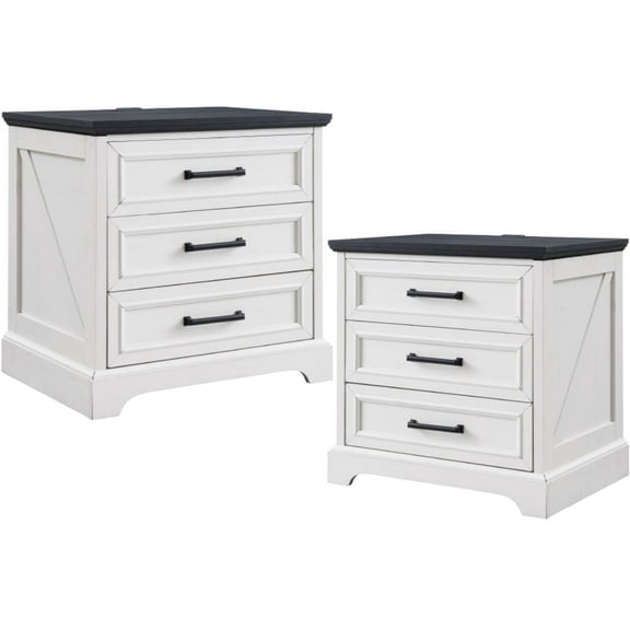 ACCOHOHO 3 Drawer Nightstand Set of 2 with Charging Station - Farmhouse End Tables, Rustic Side Tables for Bedroom & Living Room, White