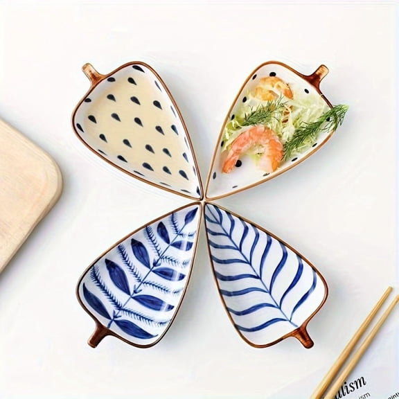 LEEYNEER 4pcs Leaf-Shaped Ceramic Serving Set - Appetizer  Dipping Bowls & Multi-Compartment Fruit Plate for Sushi  Snacks & Sauces - Perfect for Christmas  Weddings  New Year‘s & Parties