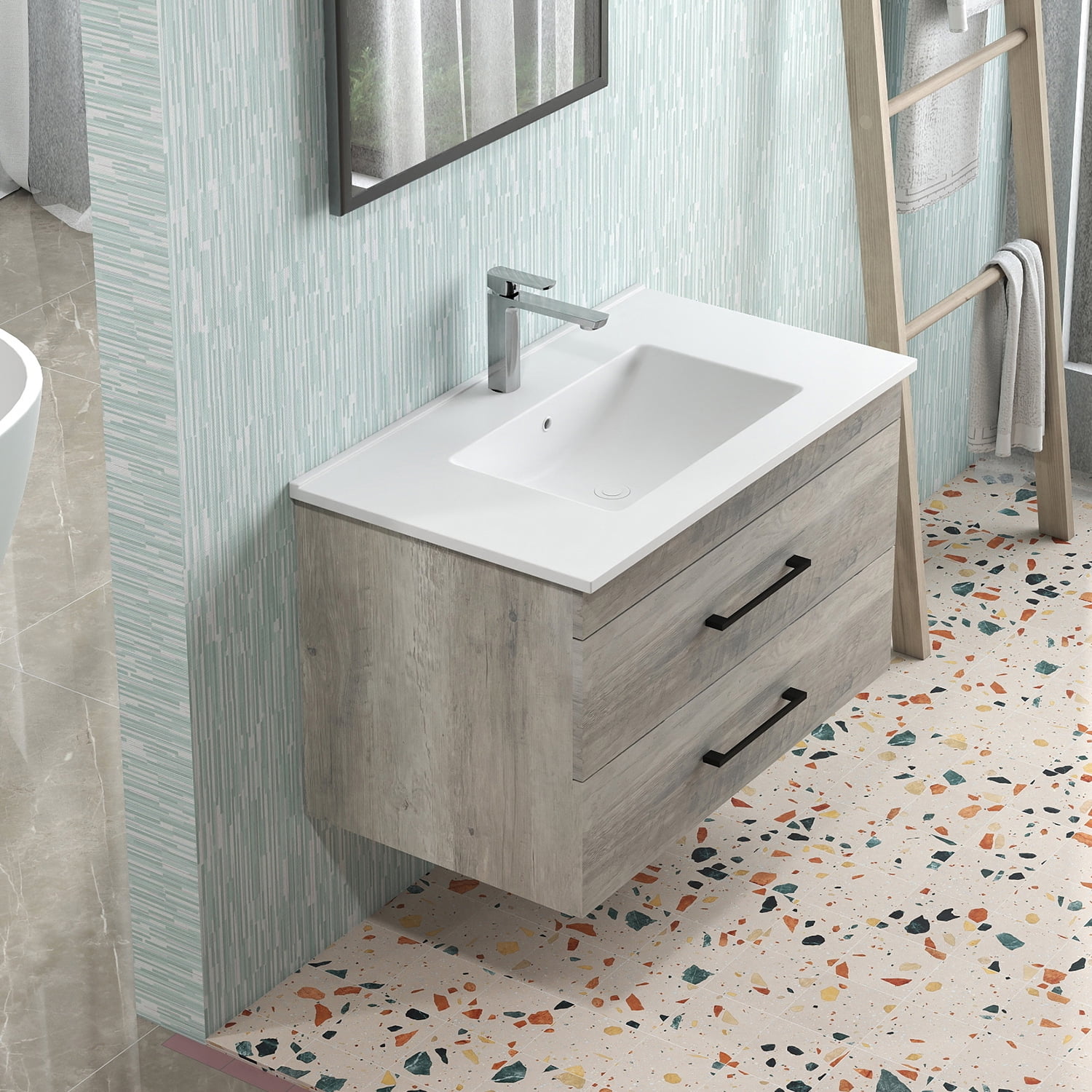 Demi Bonn 32" Wood Grain Wall-Mounted Bathroom Vanity with Ceramic Sink and 2 Soft-Close Drawers, Faucets and Drains Not Included, Gray