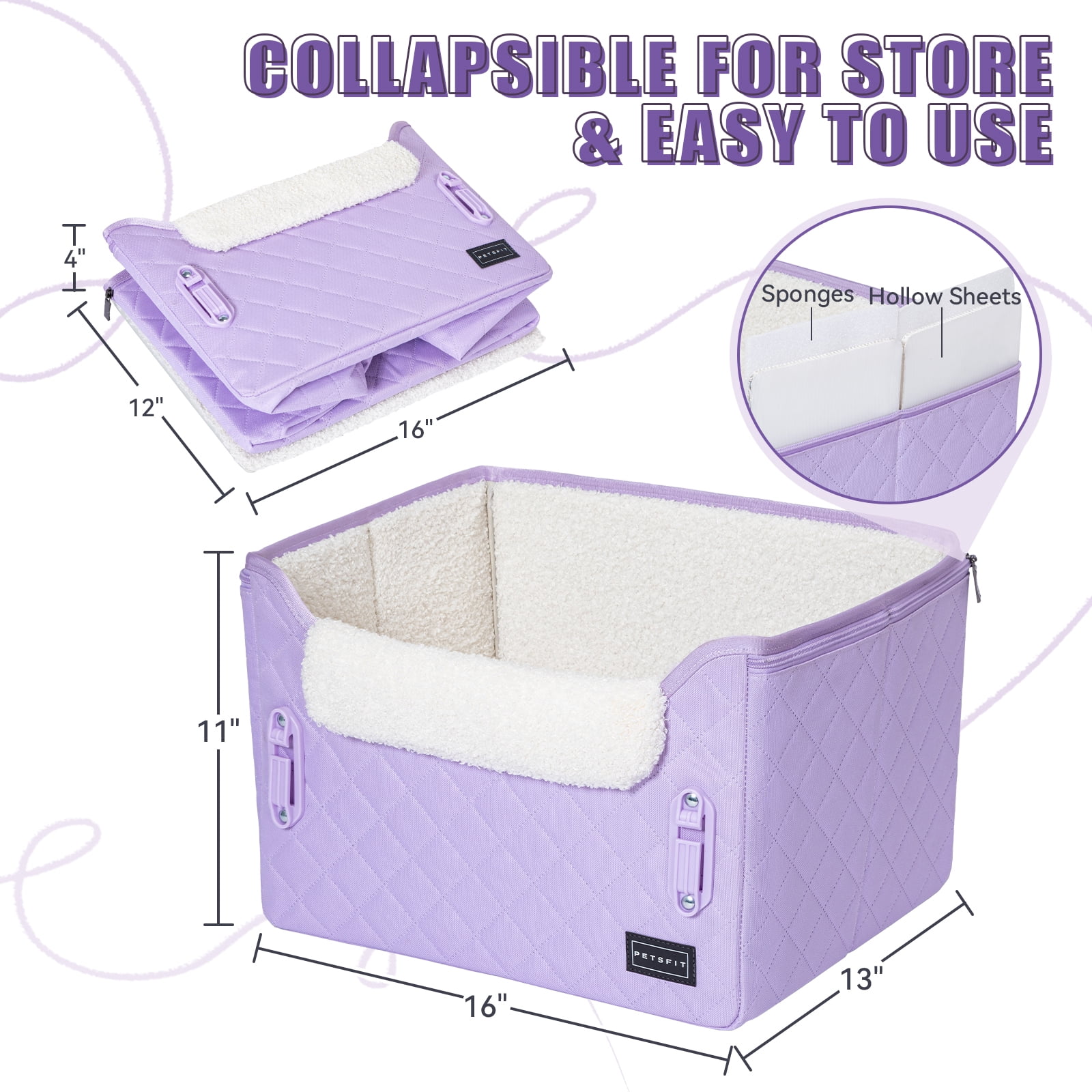 PETSFIT Small Dog Car Seat, Puppy Portable Dog Booster seat for Car with Clip-On Leash, Adjustable Straps Suitable for Small Pets Up to 25lbs (Lavender Purple)
