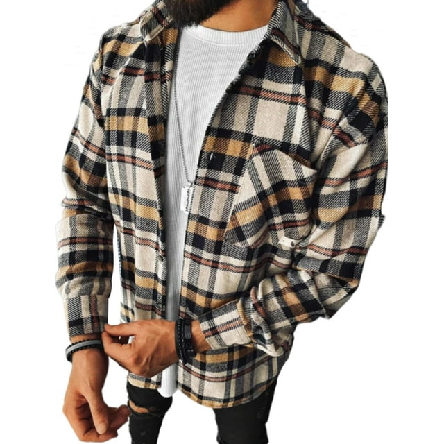 Chaqueta tipo camisa de franela a cuadros para hombre Camisa a cuadros de manga larga Tops casuales cómodos con botones