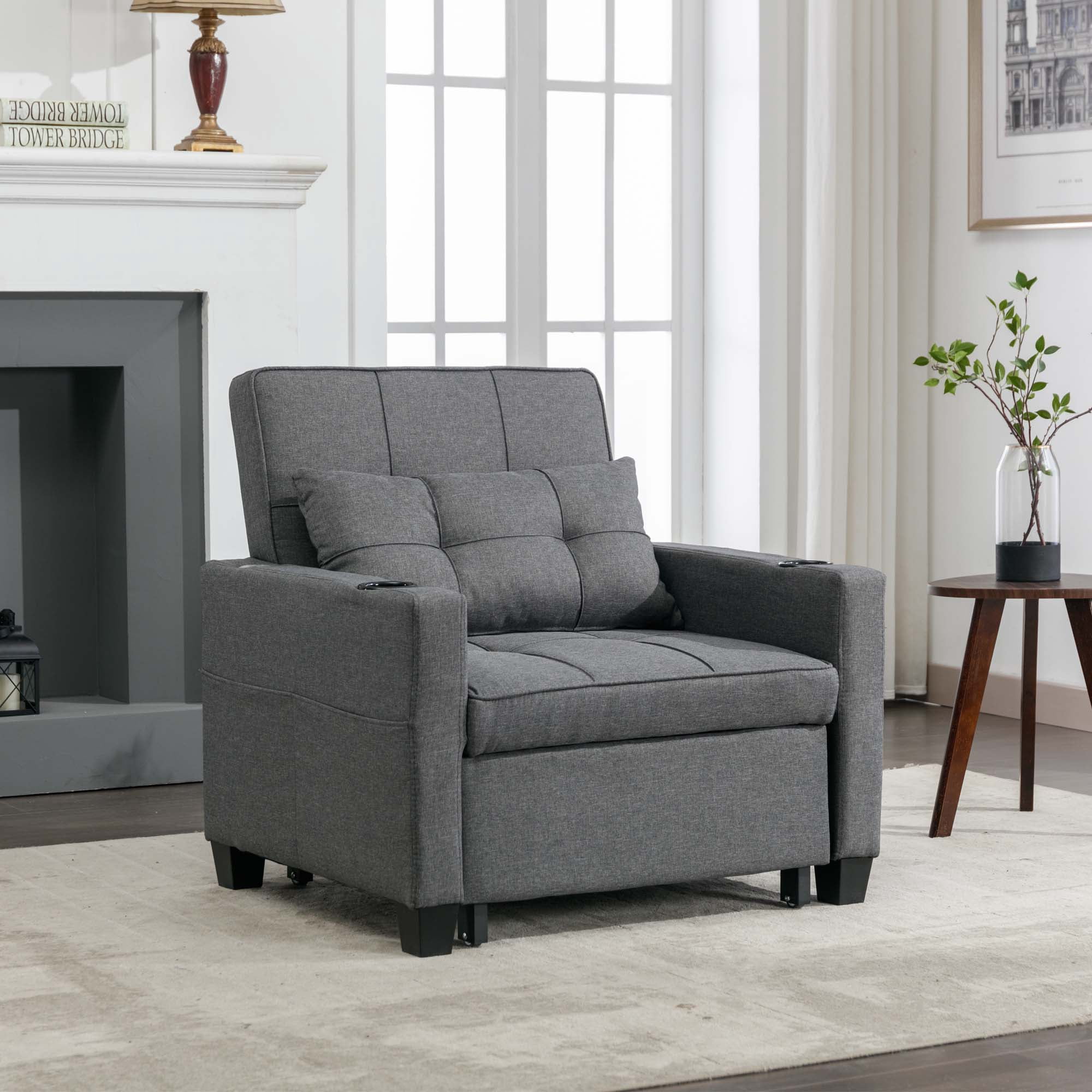 Aukfa Convertible Sleeper Sofa Chair, Futon Chair Bed with USB Ports and Cup Holders for Living Room - Gray