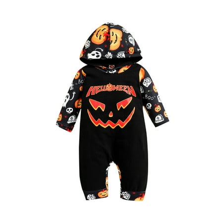 

Franhais Newborn Baby Hooded Romper Halloween Elements Printed Patchwork Long Sleeve Overalls