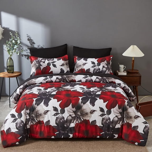Davulos Floral Comforter Set Queen Size,7 Pieces Bed in a Bag Queen Bed Sets Black Red Watercolor Flower Bedding Sets for Girls Women Bedroom Decor