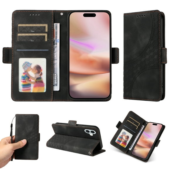 Designed for iPhone 16e Case Wallet, Flip Folio Cover with Embossed PU Leather Stand Credit Card Holders Slots Wrist Strap Full Body Protection Phone Case for iPhone 16e - Black