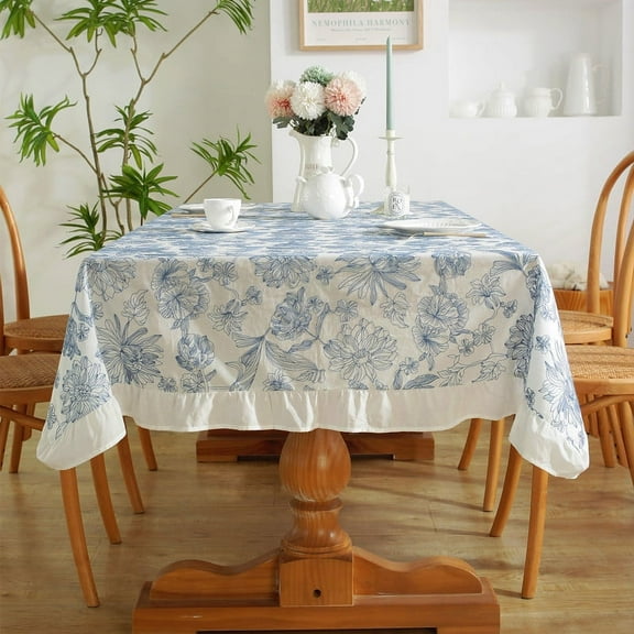 Zhuge Blue A and White All Cotton Embroidered Tablecloth, Waterproof & Oil-Resistant Fabric, Lotus Leaf Edge Detail, Decorative Cover for Tea Tables & Home Use (Blue A, 300 * 140cm)