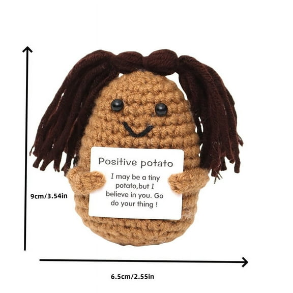 Handmade Positive Black Whip Potato Gifts Funny Crochet Positive Potato Knitted Doll with Positive Card, Mini Creative Small Gifts for Friends, Family, Party Decoration Encouragement