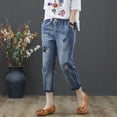 thumbnail image 3 of Pantalones vaqueros de mujer de primavera y otoño con bordado artístico roto, pantalones capri de mujer con cintura alta elástica, pantalones vaqueros holgados de talla grande para mujer, 3 of 6