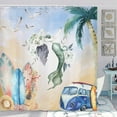 thumbnail image 4 of Mermaid Shower Curtain, Summer Beach Surfboard Seagull Mermaid Theme Waterproof Fabric Bathroom Curtains, Green and Yellow Beach Bathroom Shower Curtain with 12PCS Hooks, 70X70IN, 4 of 6
