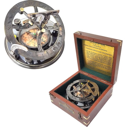 Antique Brass Nautical 5 inches Large Sundial Compass in Rosewood Case Top Grade Calibrated Vintage Gift