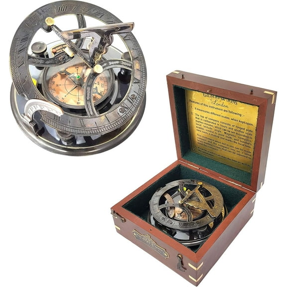 Antique Brass Nautical 5 inches Large Sundial Compass in Rosewood Case Top Grade Calibrated Vintage Gift