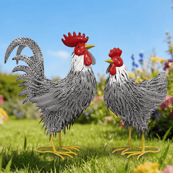 Set of 2 Metal Rooster Garden Statues, Black‑White Crackle Finish Hand‑Forged Metal Animal Sculpture for Yard Lawn Patio Backyard Farm Outdoor Decor