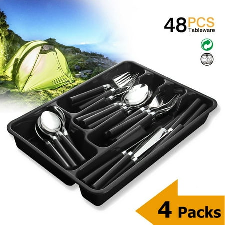 - Silverware Set Moxinox 4 Packs 48 Piece Flatware Tableware Plastic Handle Steak Knife Spoons Forks Knives Box Fork with Cutlery Tray (Black)