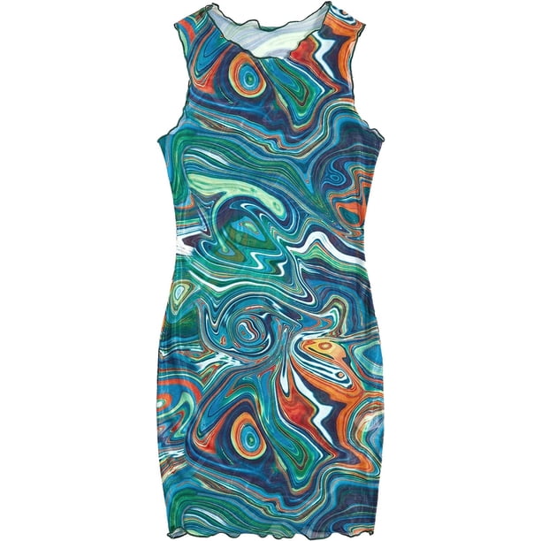 Vestido corto de malla transparente para mujer, sin mangas, con volantes y cuello redondo azul Marble XS azul Marble XS Xishao ropa