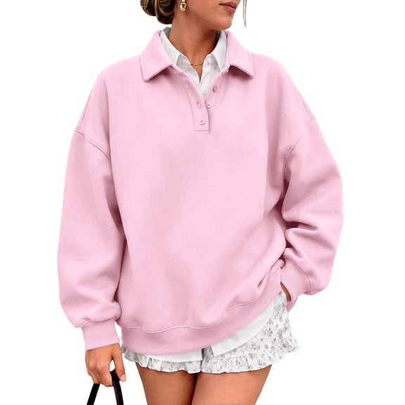 Womens Collared Button Neck Sweatshirt Oversized Long Sleeve Loose Fit Casual Fall Winter Pullover Pink S