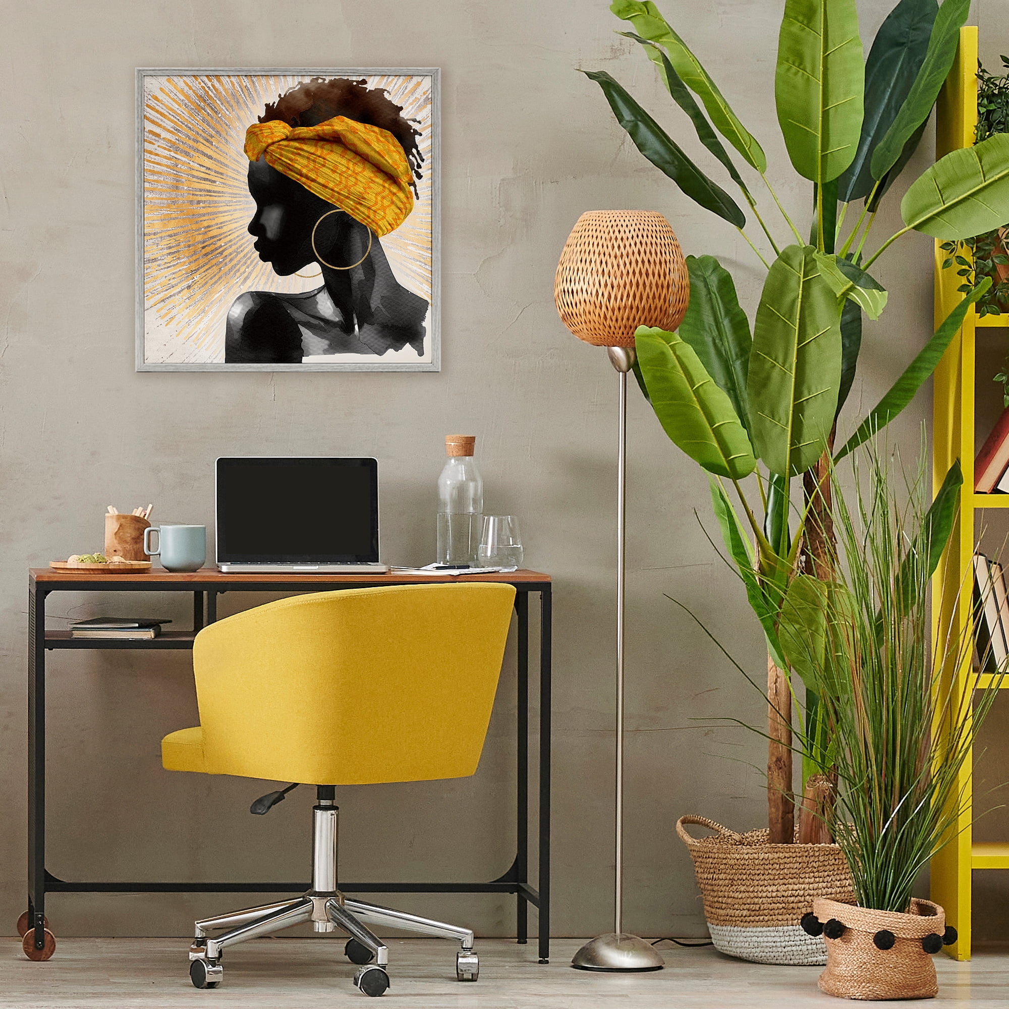 Stupell Industries Golden Sunburst Profile with Headwrap Gray Framed Giclee Art, design by CAD Designs