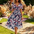 thumbnail image 4 of Uscallm Women Plus Size V Neck Short Sleeve Floral Boho Midi Dresses Tie Waist A-Line Casual Vacation Beach Sundresses, Black 3XL, 4 of 6