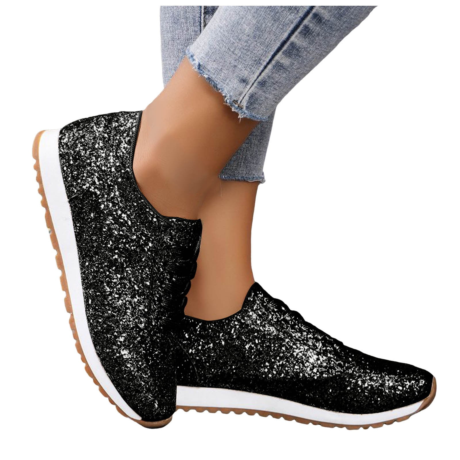 Women Sneakers Women's Fashion Sequins Casual Lace Up Sport Shoes Sneakers Glitter Breathable Bling Ladies Running Shoes Female Womens Sneakers Shoes(Black,8)