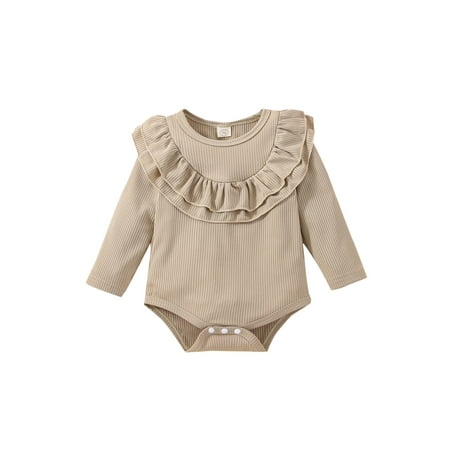 

Sunisery Toddler Baby Girls Long Sleeve Romper Solid Color Flouncing Splicing Round Collar Jumpsuit Casual Clothes Khaki 3-6 Months