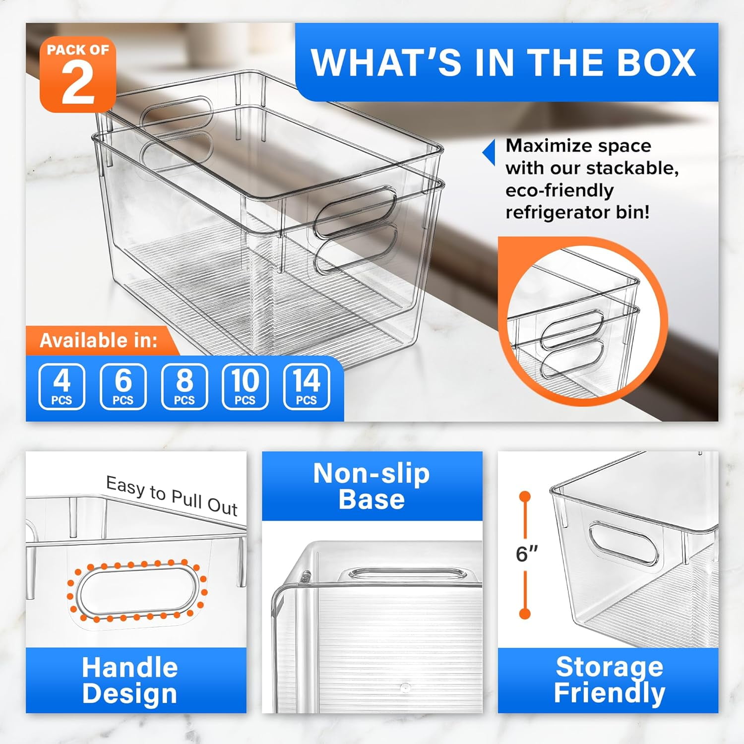 Stackable Refrigerator Bins - Set of 2 Large Capacity Organizers with Easy Grip Handles - Clear and Versatile for Kitchen Storage
