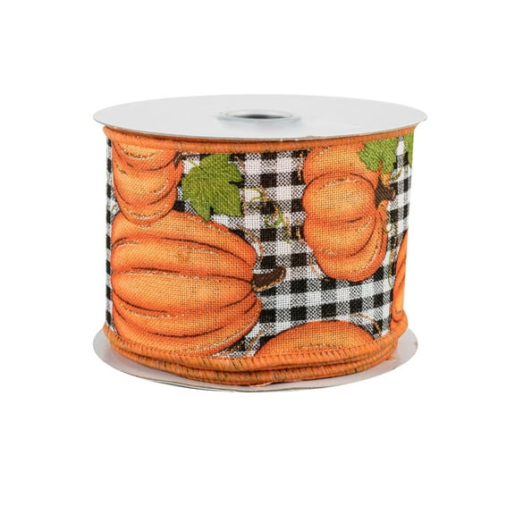 Pumpkin Patch Plaid Wired Ribbon - 2 1/2" x 10 Yards, Black White Buffalo Plaid, Fall, Halloween