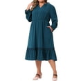 thumbnail image 2 of Agnes Orinda Women's Plus Size Dress V Neck Ruffle Long Sleeve Tiered Lace Patchwork Flowy Casual A Line Midi Dresses 1X Peacock Blue, 2 of 6