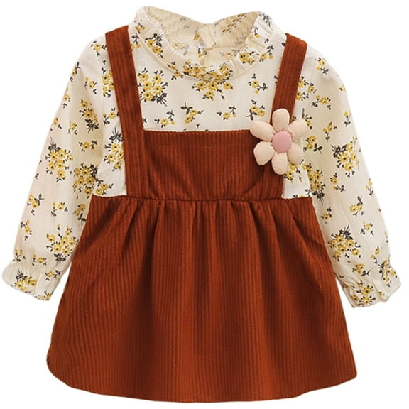 Mercatoo Girls Cute Floral Princess Dress Long Sleeve Ruffle Round Neck Suspender Dress Birthday Part𝐲 Dress Spring Fall