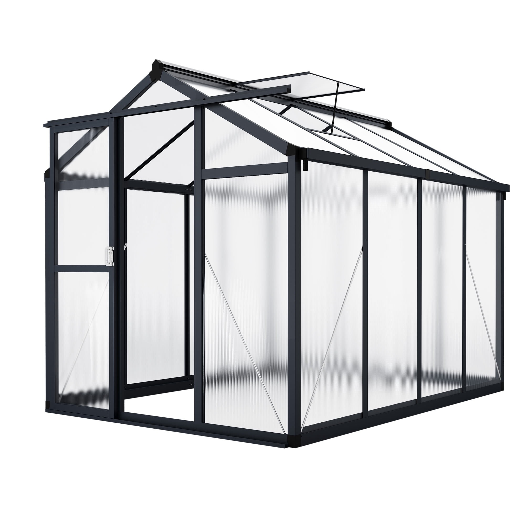 CazToi 6x8 FT Aluminum Frame Walk-in Polycarbonate Greenhouse with Roof Vent & Lockable Sliding Door