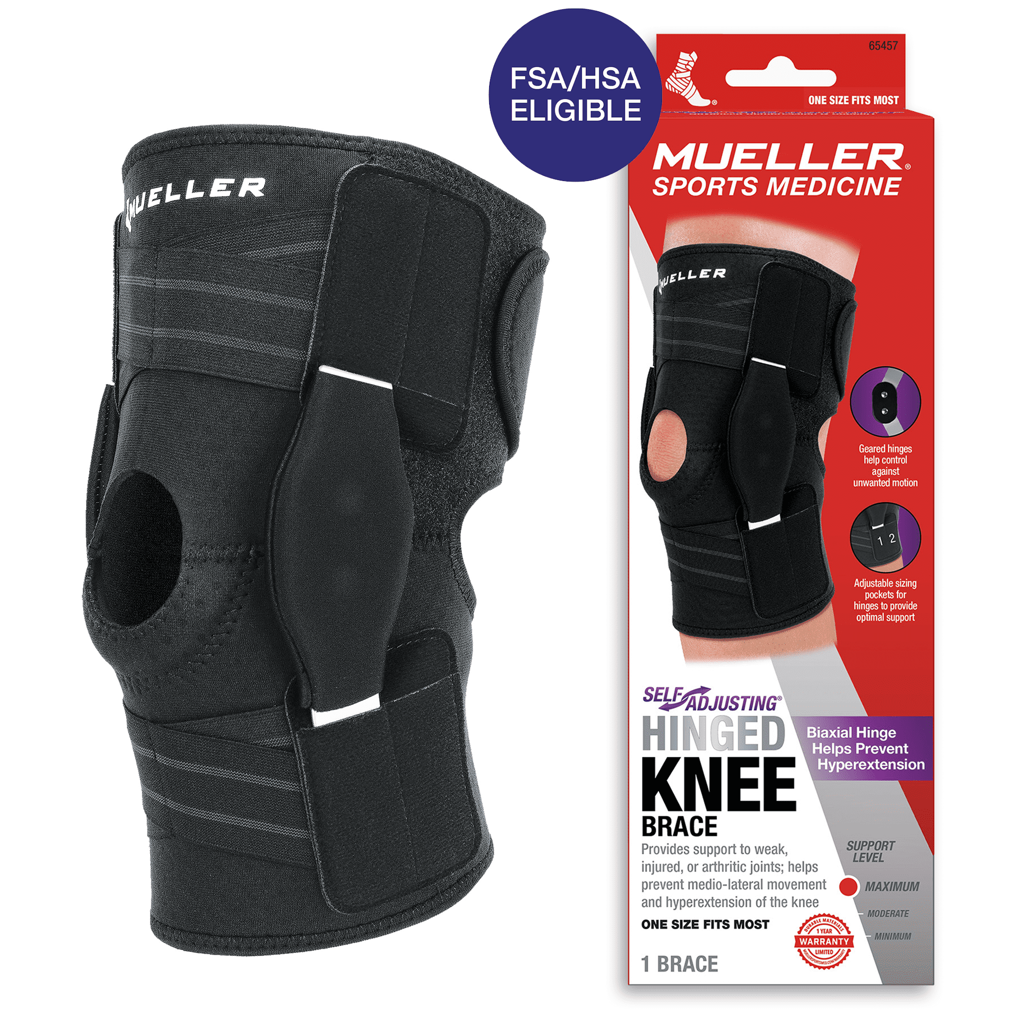 Mueller Adjustable Hinged Knee Brace, Black, One Size Fits Most