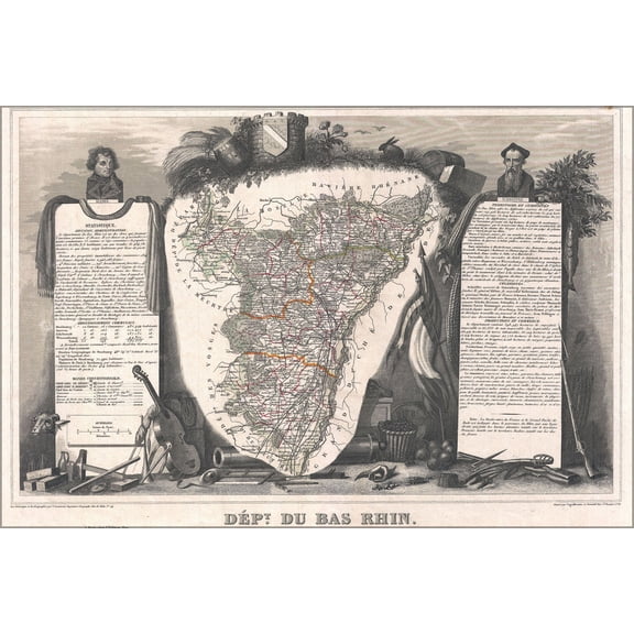24"x36" Gallery Poster, 1852 Levasseur Map of the Department Du Bas Rhin, France (Strasbourg, Alsace Wine Region)