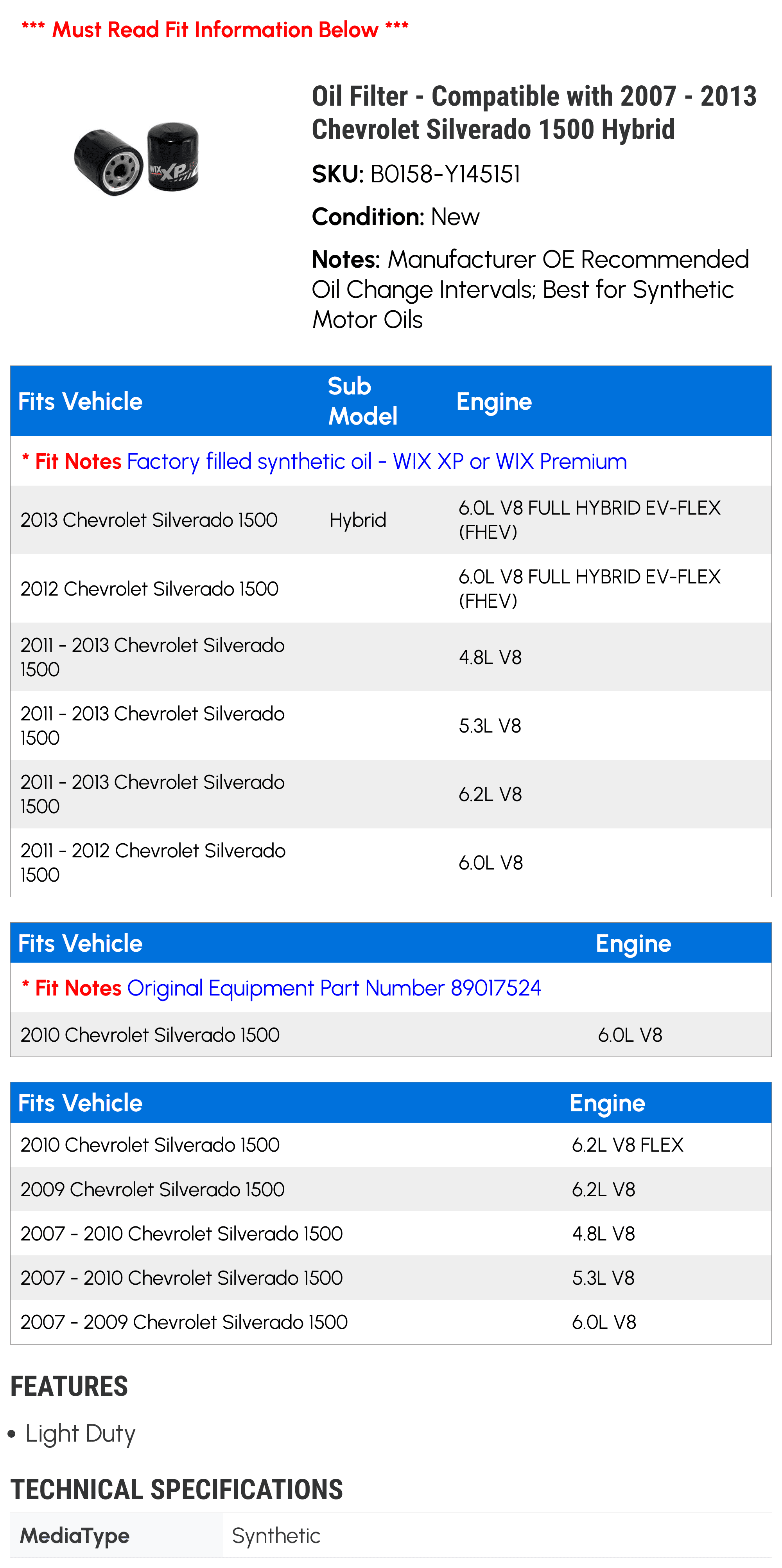 Oil Filter - Compatible with 2007 - 2013 Chevy Silverado 1500 Hybrid 2008 2009 2010 2011 2012