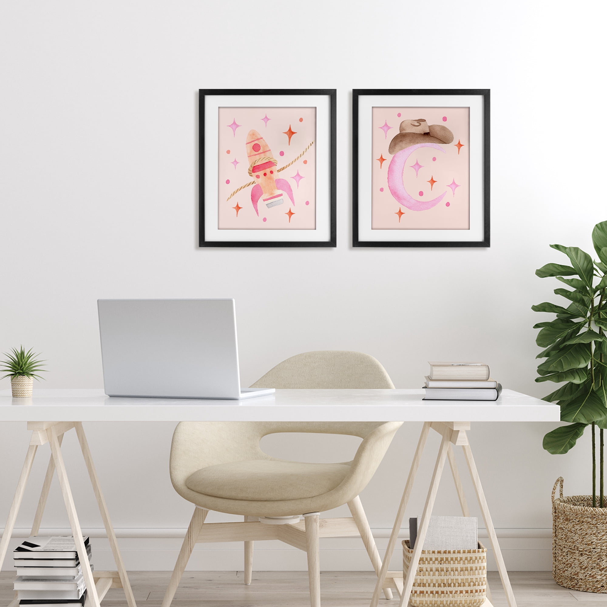 Space Cowgirl Rocket Ship 2 Piece Black Framed Print Under Glass Set, design by Nina Jacobs